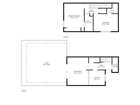 Floor plan for 2 beds, 1 bath, 1025 sqft